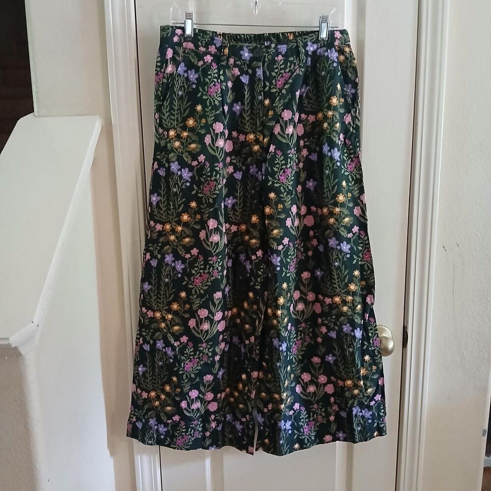 Princess Highway Linen Cotton Green Floral Wide Leg Cropped Pants US 10 Granola